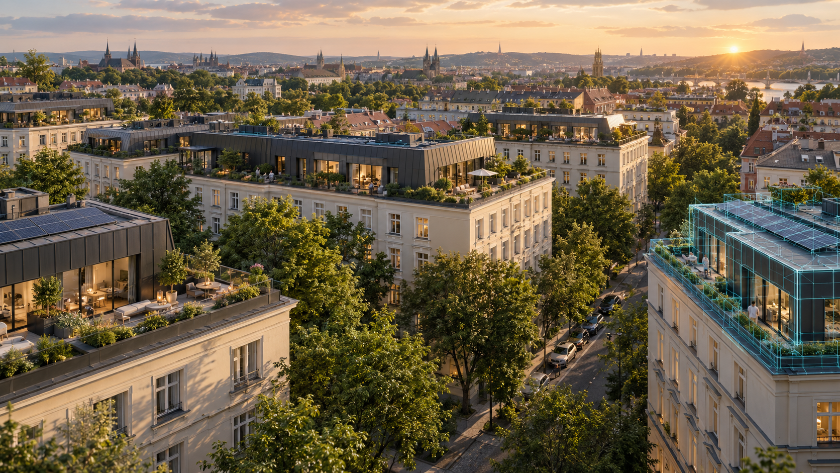 Koncepční pohled na české město s obytnými nástavbami a zelenými terasami